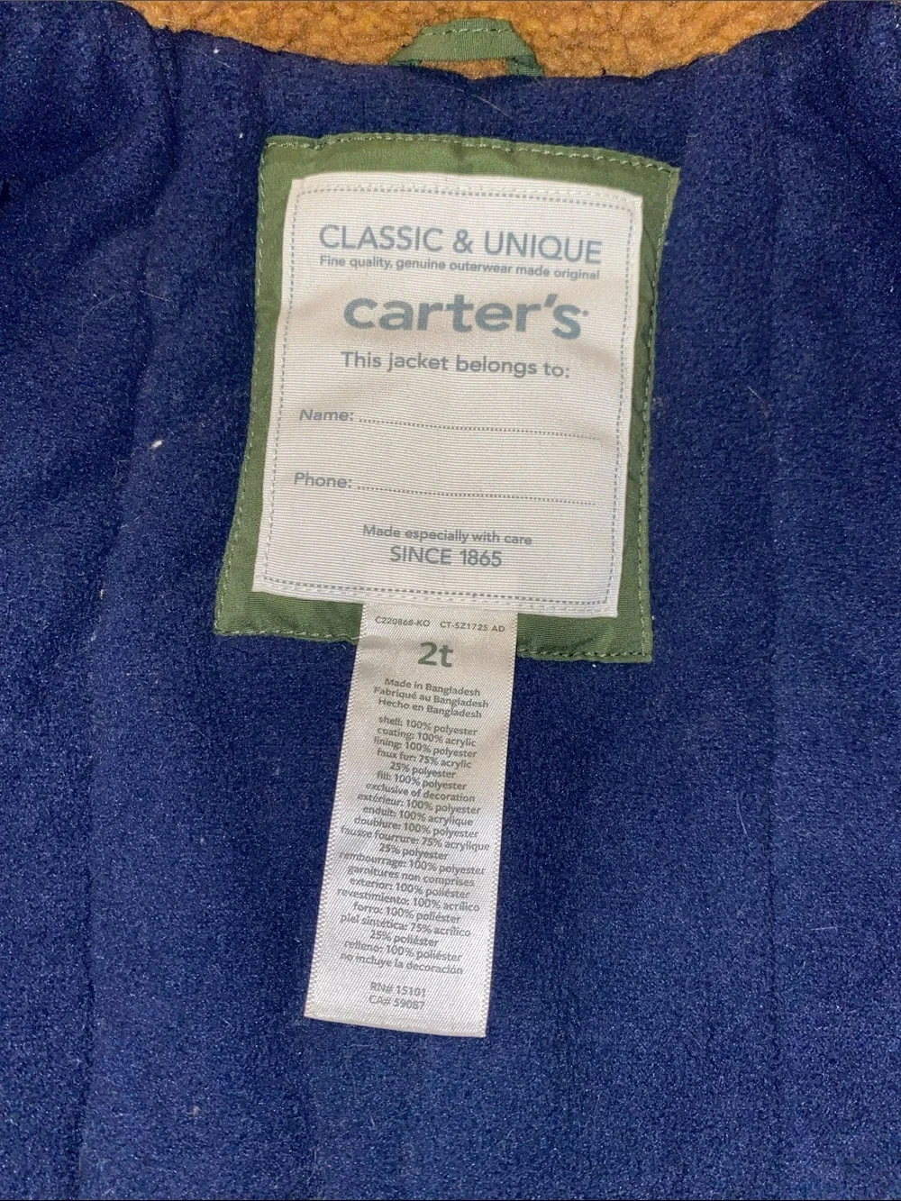 Carter's Olive Green Puffer Jacket Faux Fur Hood Kids Winter Coat